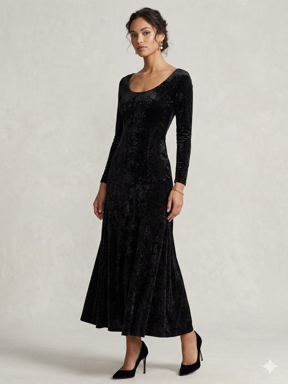 Jacob Vintage 90s Black Velvet Long-Sleeve Maxi Dress Whimsigoth Grunge Chic M